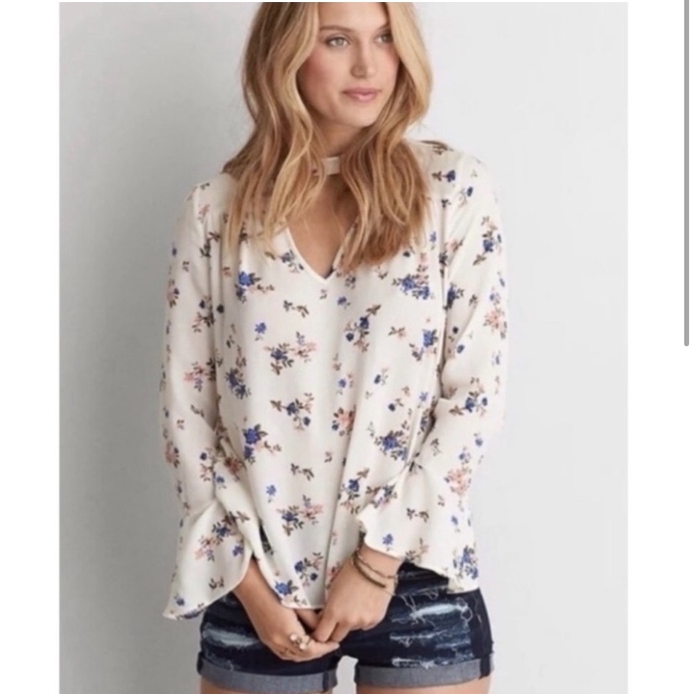 AE Floral Bell Sleeve Choker Blouse size M